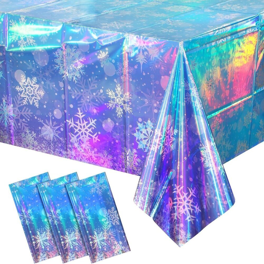 3 Pack Iridescent Winter Snowflake Plastic Tablecloth Decorations, Holographic B
